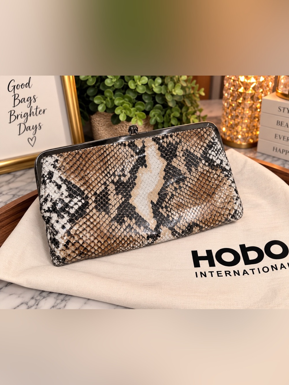 HOBO International Snakeskin Print Leather Clutch | Kiss Lock Frame